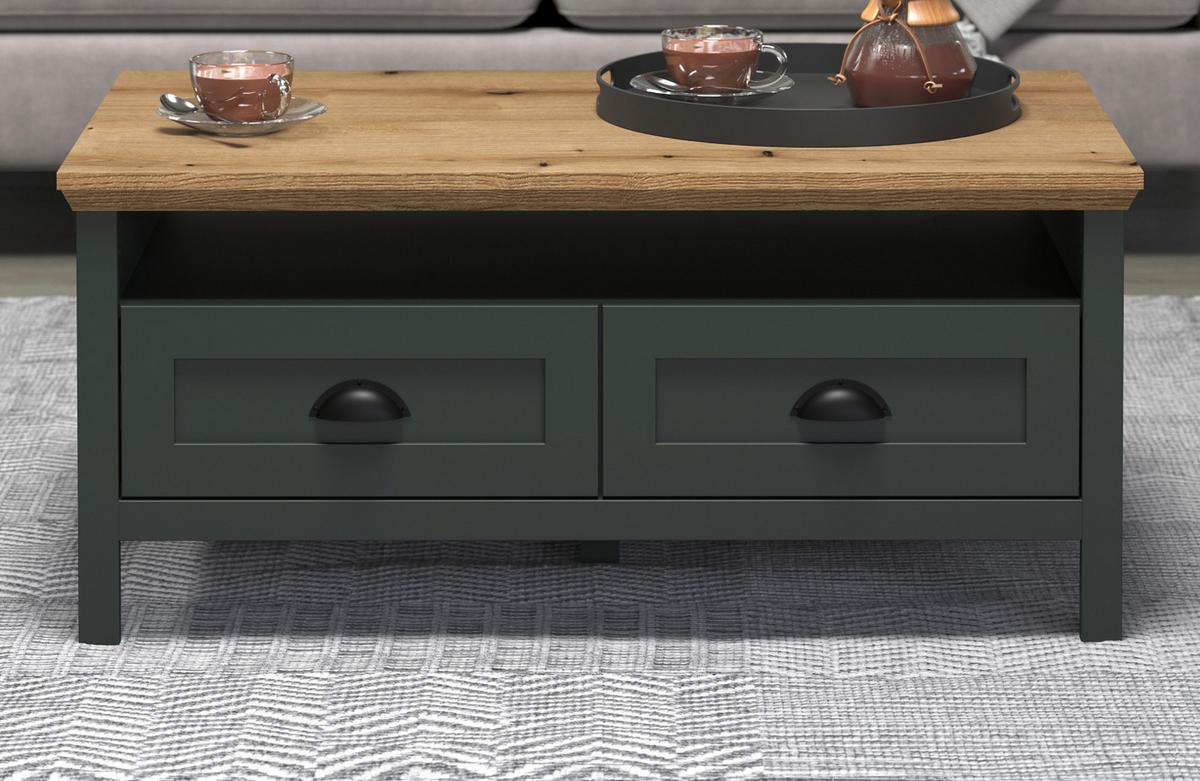 COUCHTISCH grün, Evoke Eiche Landhaus 101 x 60 cm, Beistelltisch mit Schubkästen - Eichefarben/Schwarz, Holzwerkstoff/Kunststoff (60/101/45cm) - Top.Furn