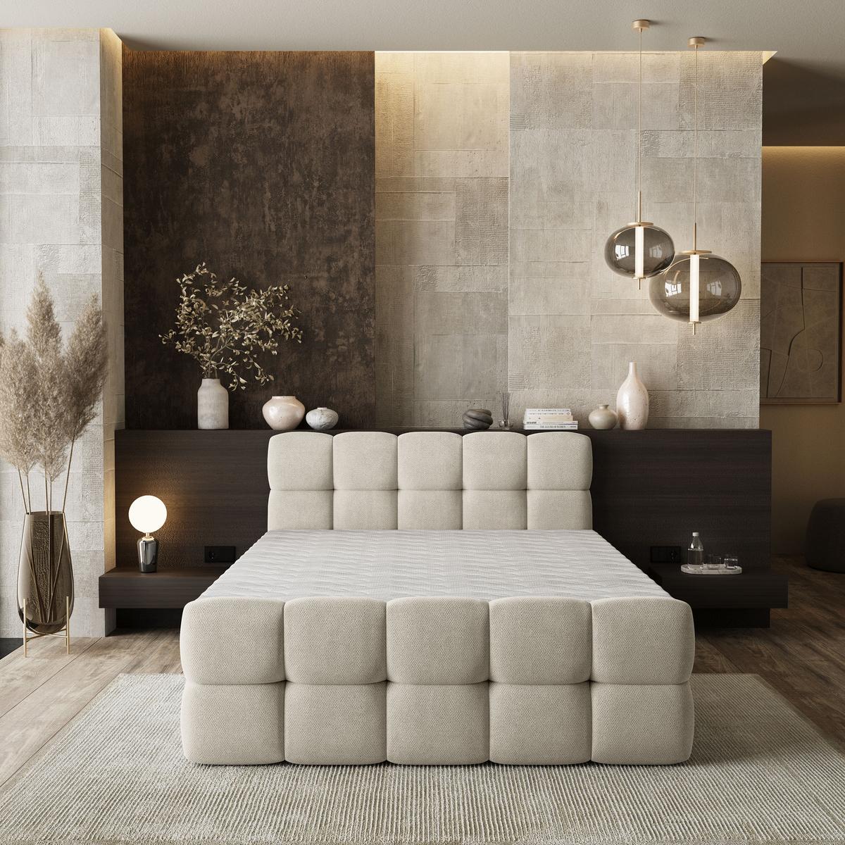 BOXBETT BRUME 200x200 cm mit Matratze und Topper, H2+H3 - Creme - Creme, Holz (200/200cm) - MASSENO