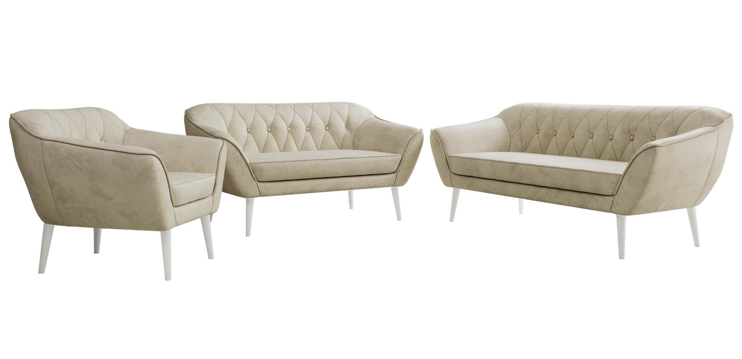 SITZGARNITUR PIRS 3+2+1 - Beige Velvet - Weiße Beine - Beige/Weiß, Holzwerkstoff/Textil (180/75/74cm) - MKS