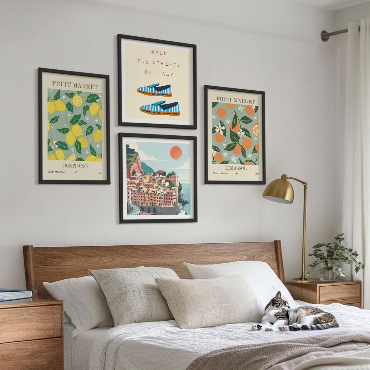 BILDER SET 4er Set - 50x50 cm & 40x60 cm Schwarzer Rahmen - Fruchtmuster der italienischen Kultur - Schwarz, Kunststoff (50/50cm) - TULUP