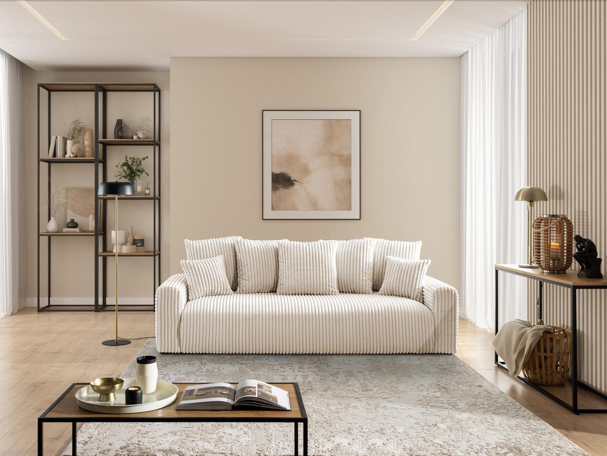 SCHLAFSOFA Calma mit Bettkasten im Bumpy-Design aus weichem Creme Plüschcord - Creme/Schwarz, Holz/Kunststoff (239/88/98cm) - S-Style