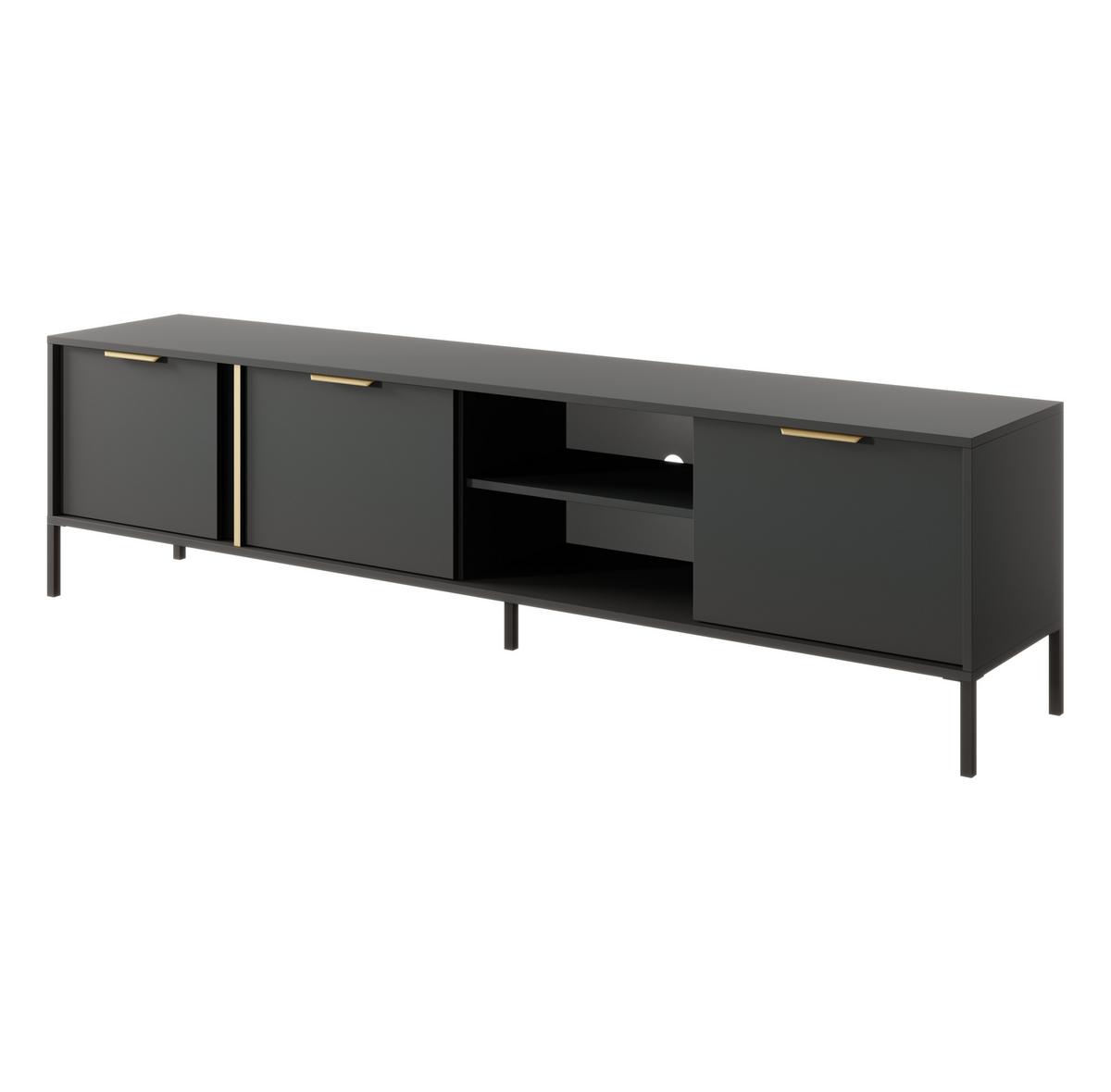 LOWBOARD Catanian 3T Grau 202,9/53,4/39,5 cm – mit goldenen Griffen und schwarzen Beinen - Schwarz/Grau, Holzwerkstoff/Metall (202.9/53.4/39.5cm) - AX Living