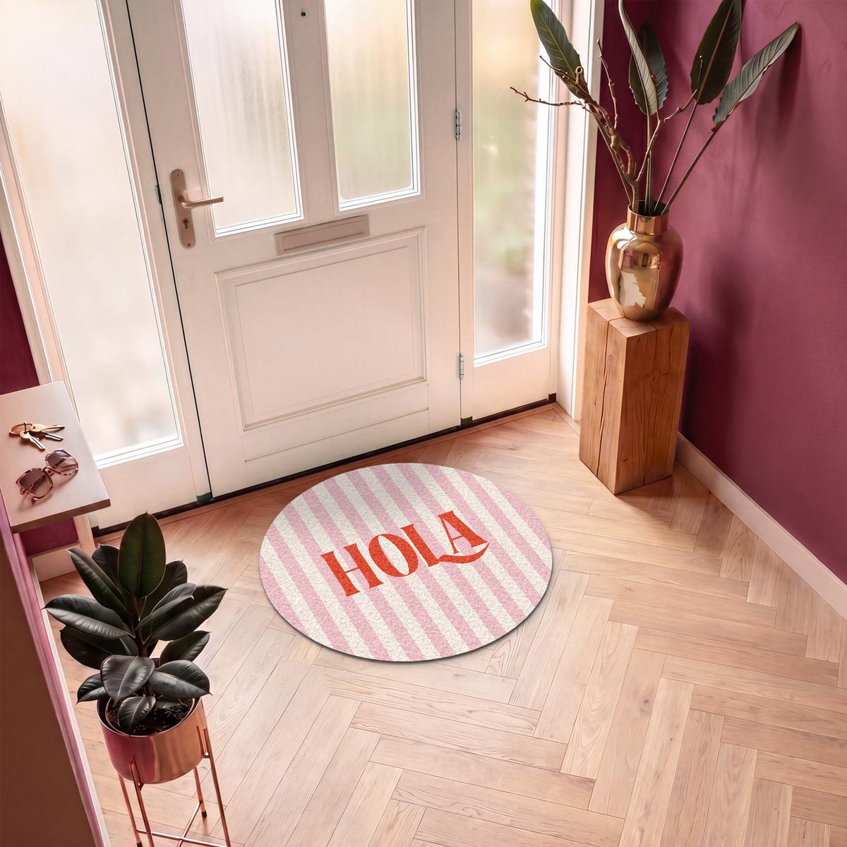 FUSSMATTE Hola - Zitat - Streifen - Pastell - Rosa - Rot - Weiß Schmutzfangmatte 90x90 cm - Rosa, Kunststoff (90/0.4cm) - MuchoWow