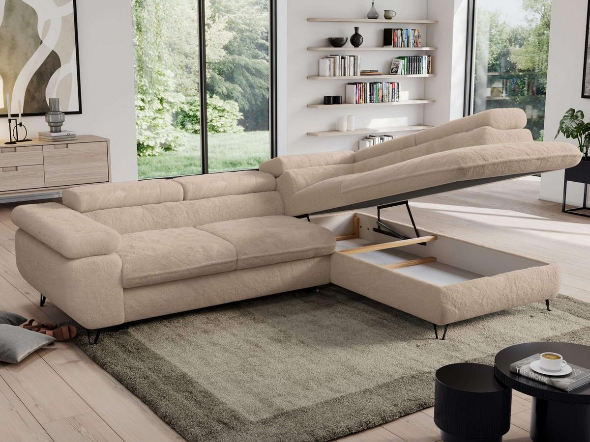 ECKSOFA PEDRO L Beige Plüsch - Rechts Seite - Sandfarben/Beige, Textil/Metall (273/208cm) - MKS