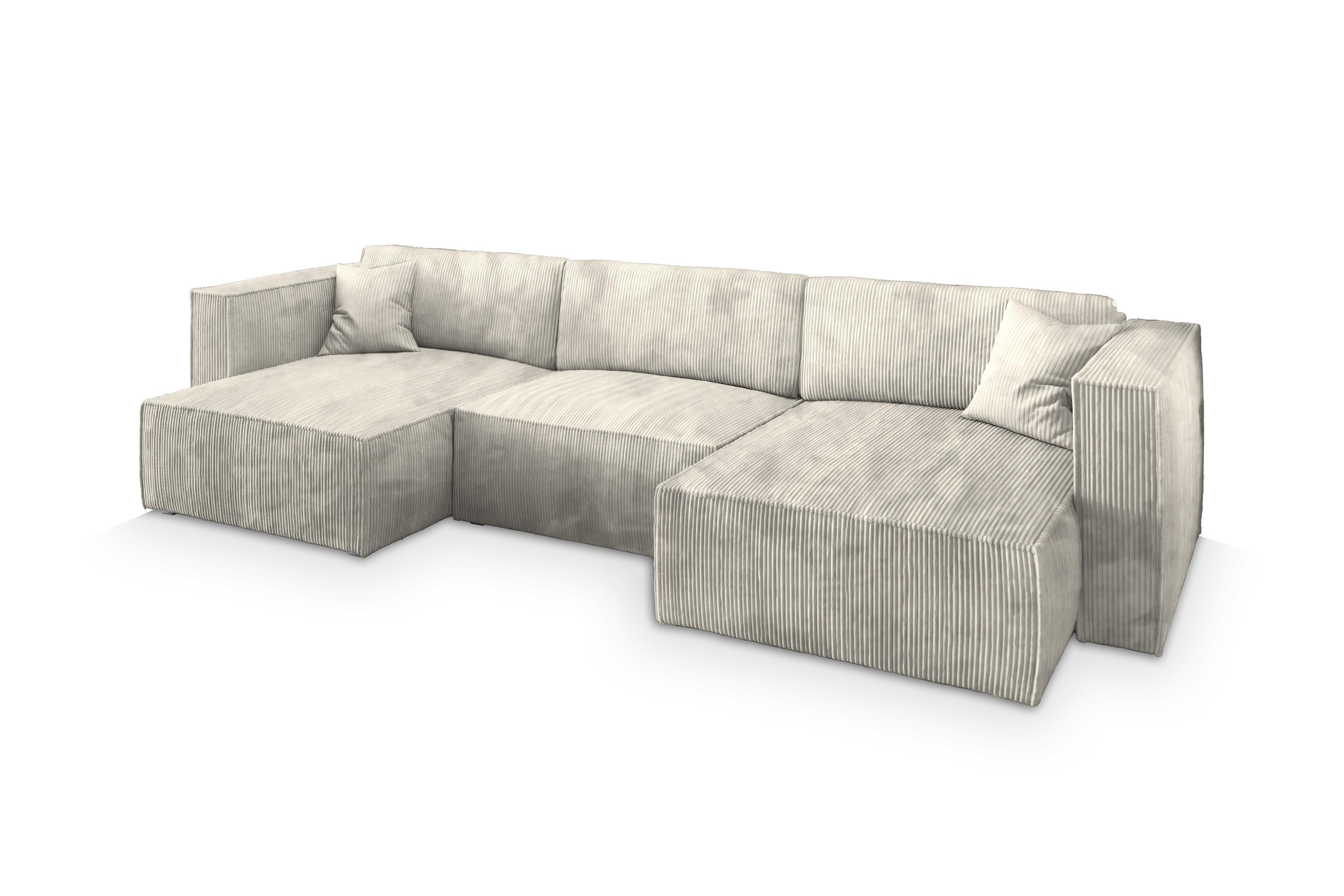 WOHNLANDSCHAFT SARMO P Creme Kordstoff mit Schlaffunktion - Creme/Grau, Holz/Kunststoff (347/70/148cm) - MASSENO