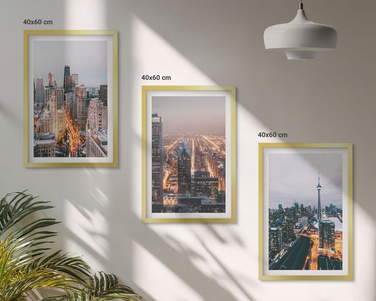 BILDER SET 3er Set - 40x60 cm Goldrahmen - Städte bei Nacht, Wolkenkratzer, Lichter - Goldfarben, Kunststoff (40/60cm) - TULUP