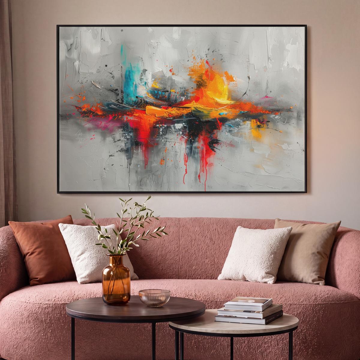 LEINWAND Bilder mit Rahmen - Moderne Kunst - Orange - Grau - Abstrakt - 150x100 - Hellgrau, Textil (150/100cm) - MuchoWow