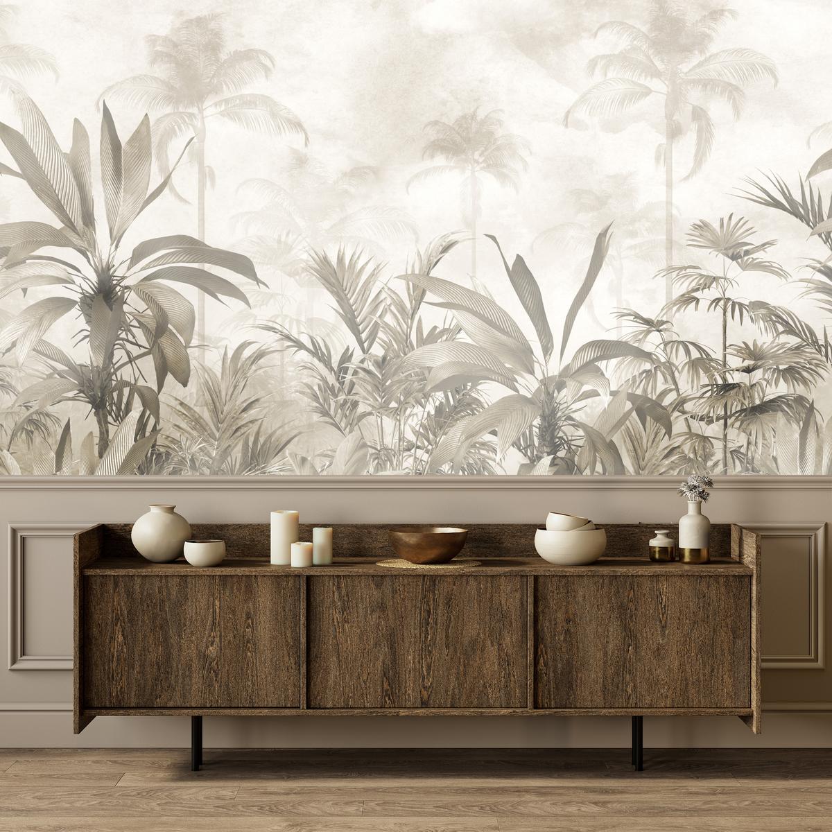 FOTOTAPETE für Wohnzimmer Vintage Tropischer Wald Palmen Blätter 450x315 - Beige/Grau, Papier (450/315cm) - Muralo