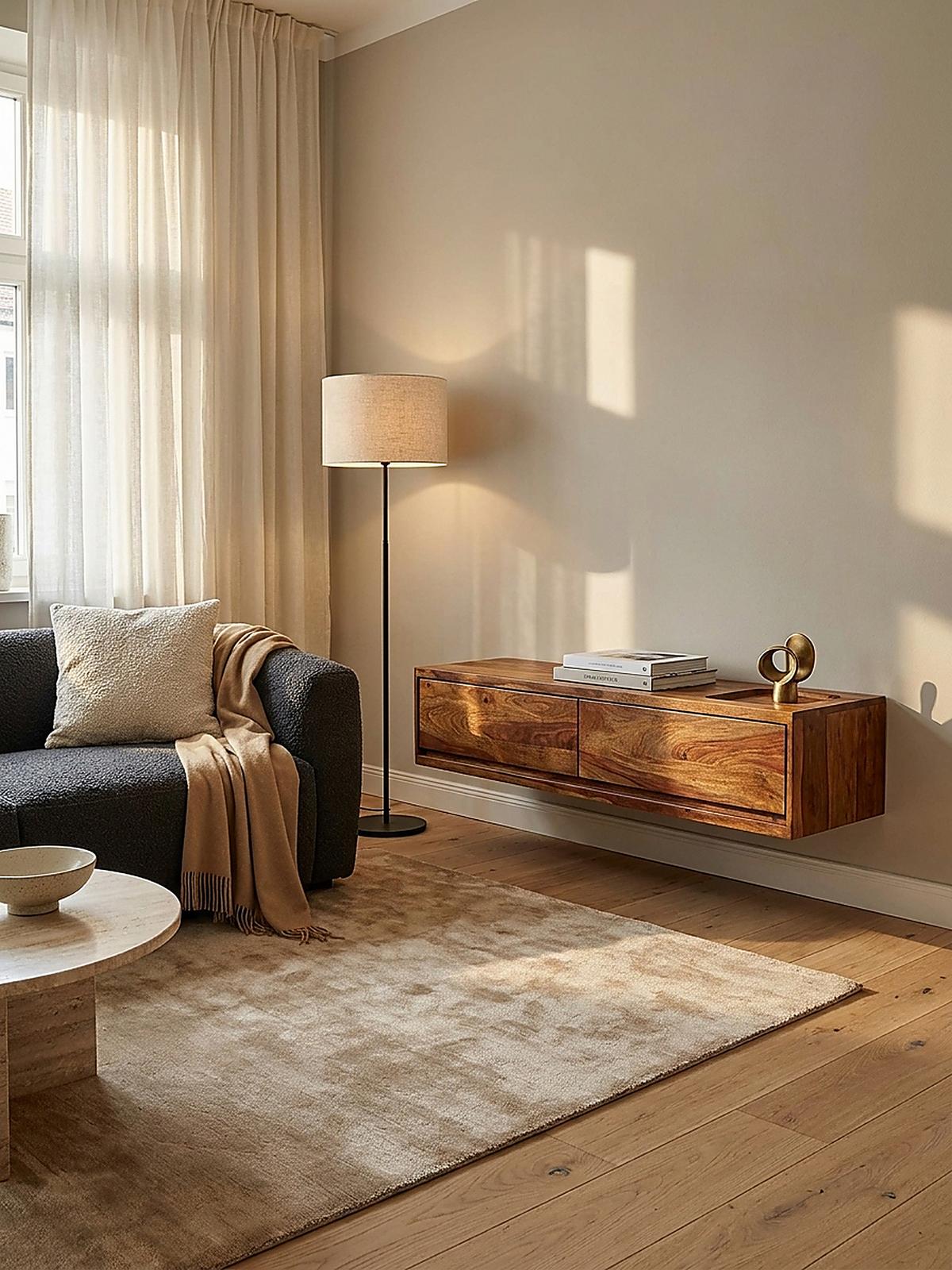 LOWBOARD Hängend Massivholz Modern Stil mit 2 Schubladen - Braun, Holz (108/25/34cm) - KADIMA DESIGN