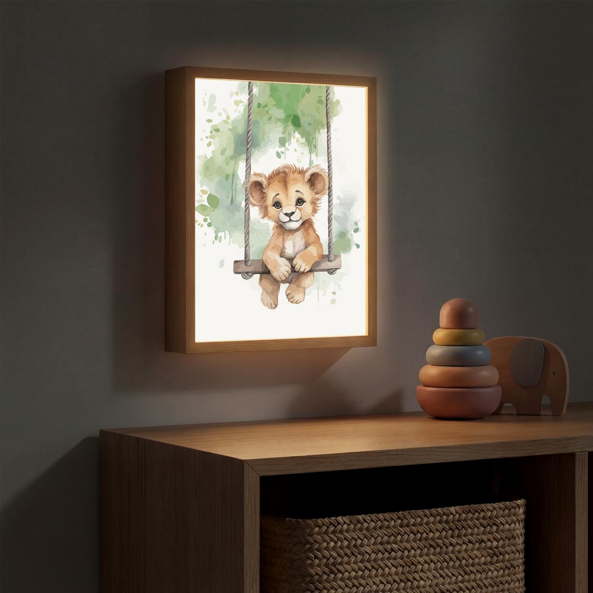 WANDLEUCHTE MIT AKKU Löwe - Tier - Kinder - Dschungel 30x40 cm - Weiß, Holzwerkstoff (30/40/8cm) - OnlyWow