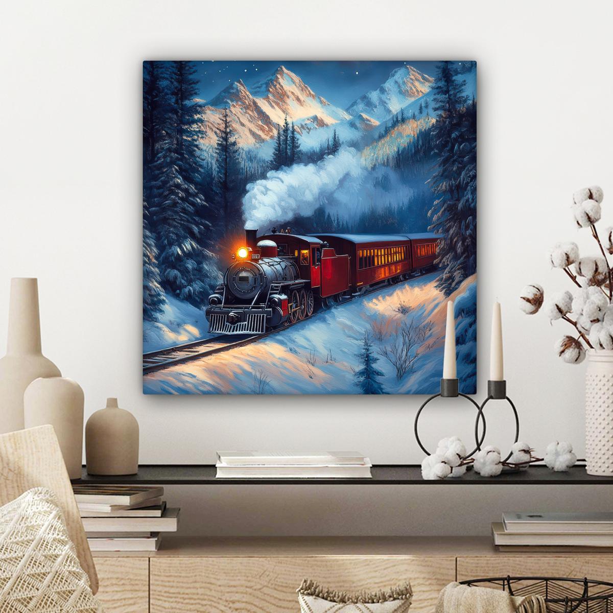 LEINWANDBILD Zug - Weihnachten - Schnee - Weihnachtszug Wandbild Wohnzimmer 50x50 cm - Anthrazit, Textil (50/50cm) - MuchoWow