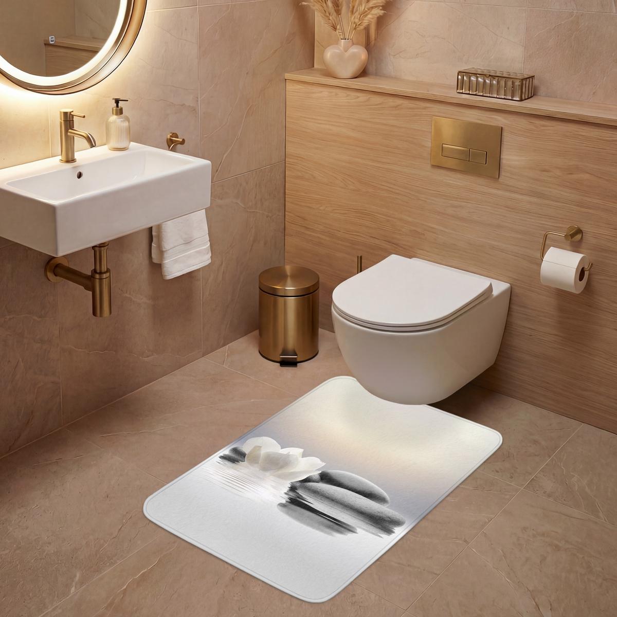 WC-VORLEGER Steine - Lotus - Weiß - Wasser - Zen Toilettenvorleger 60x90 cm - Weiß, Textil (60/1cm) - OnlyWow