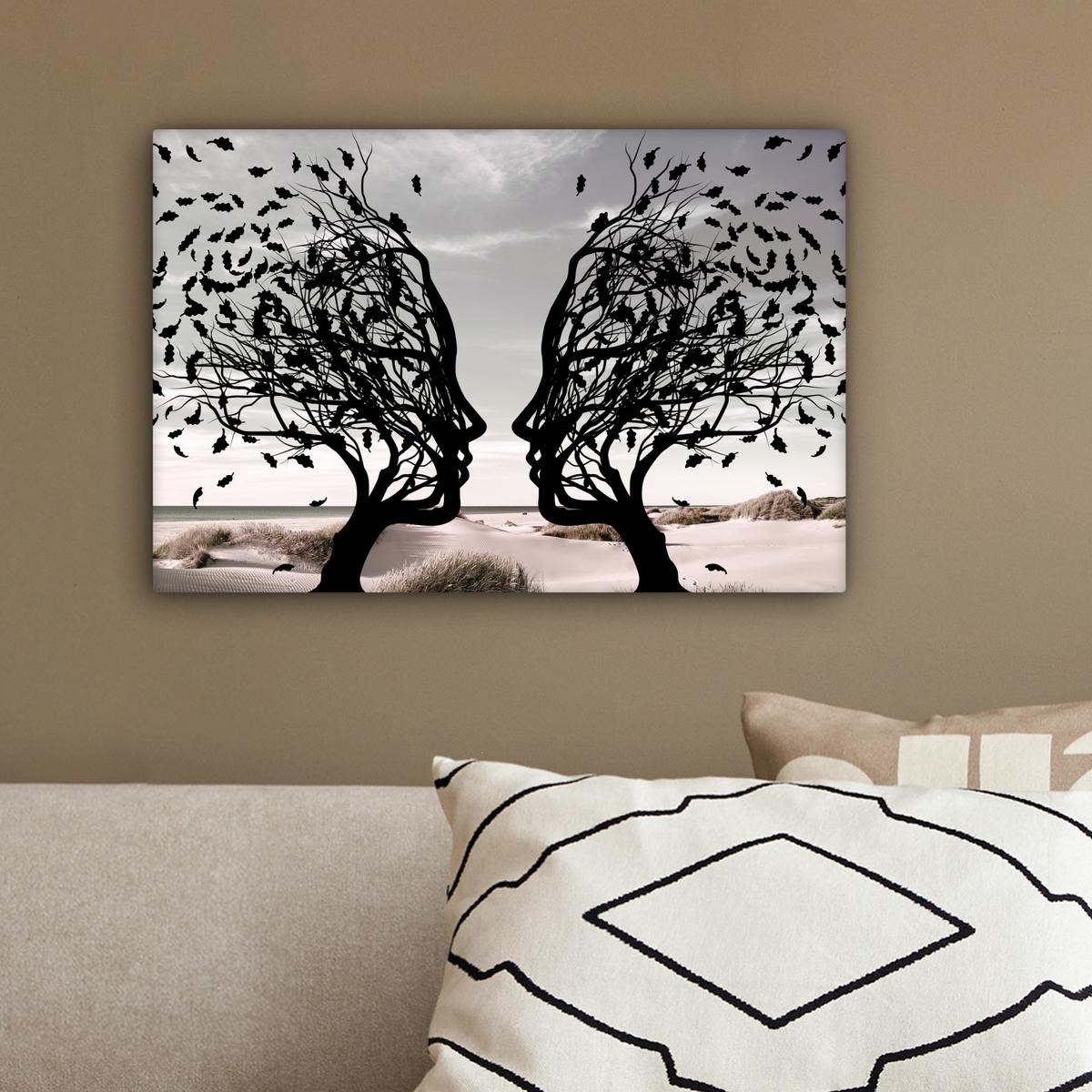 LEINWANDBILD Strand - Meer - Menschen - Baum - Moderne Kunst Deko Schlafzimmer 30x20 cm - Hellgrau, Textil (30/20cm) - MuchoWow