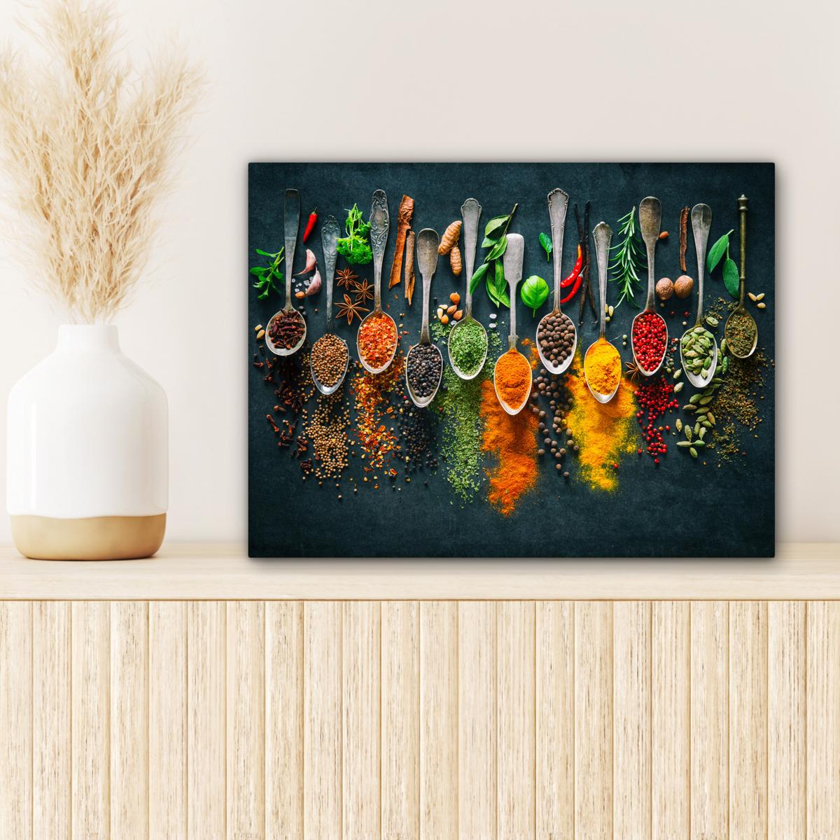 LEINWANDBILD Kräuter - Gewürze - Löffel Wandbild 40x30 cm - Currygelb, Textil (40/30cm) - MuchoWow