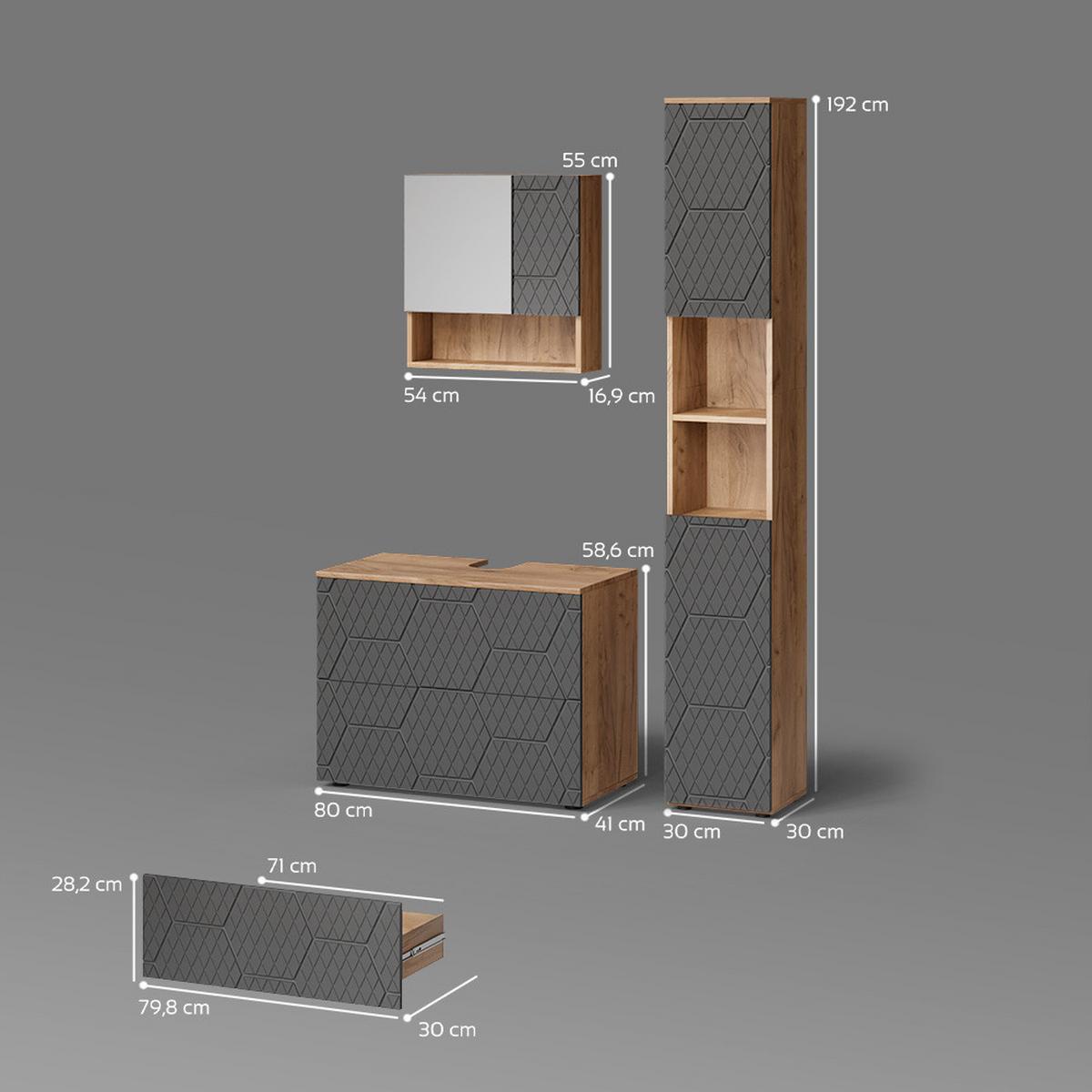 BADMÖBEL-SET Ronco Anthrazit mit Wabenstruktur 3 Teile, mit Schubladenschrank und Hochschrank - Anthrazit, Holzwerkstoff (80/58/41cm) - Livinity®