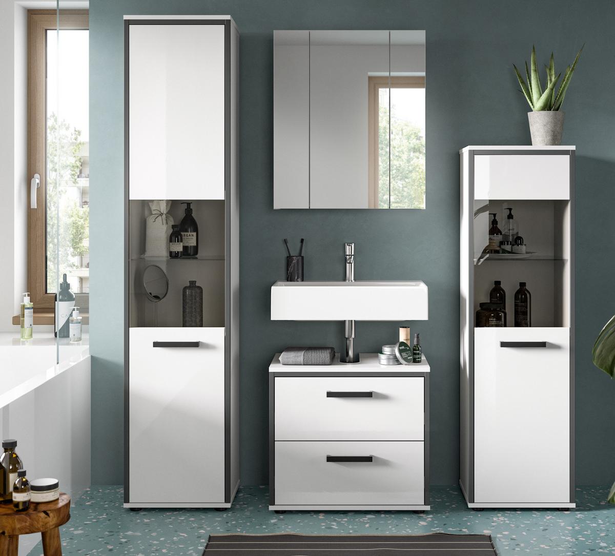 HOCHSCHRANK weiß Hochglanz, grau 40 x 185 cm, Badschrank mit 6 Fächern - Weiß Hochglanz/Schwarz, Glas/Holzwerkstoff (40/188/34cm) - Inn.Furn