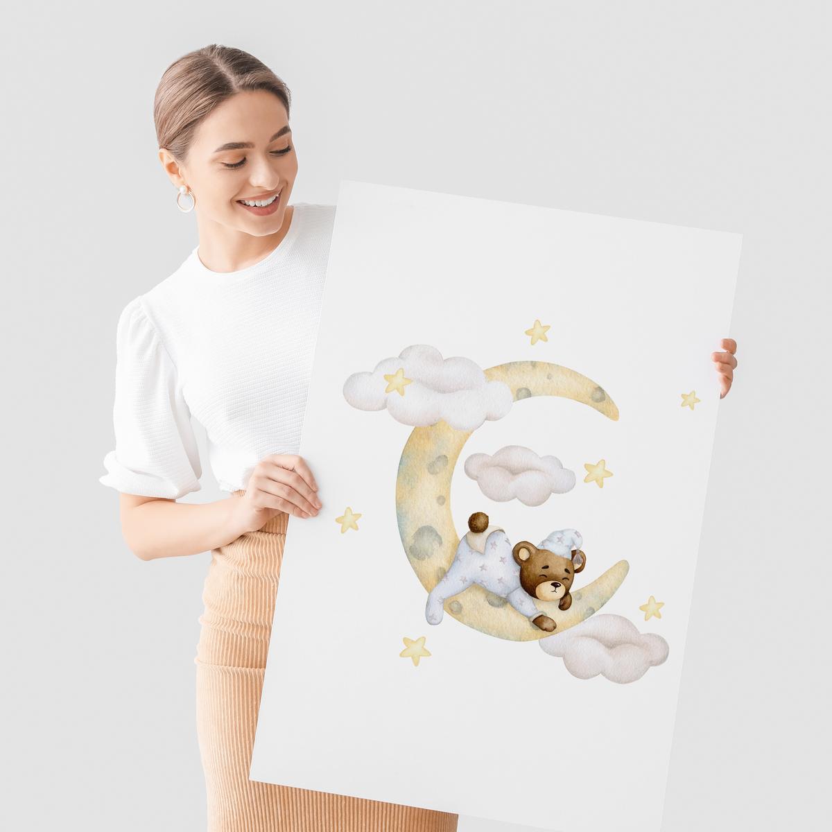 POSTER SET für Kinderzimmer Teddybären Monde Wolken Sterne 3x Poster A3 30x42cm - Gelb/Beige, Papier (30/42/1cm) - Muralo