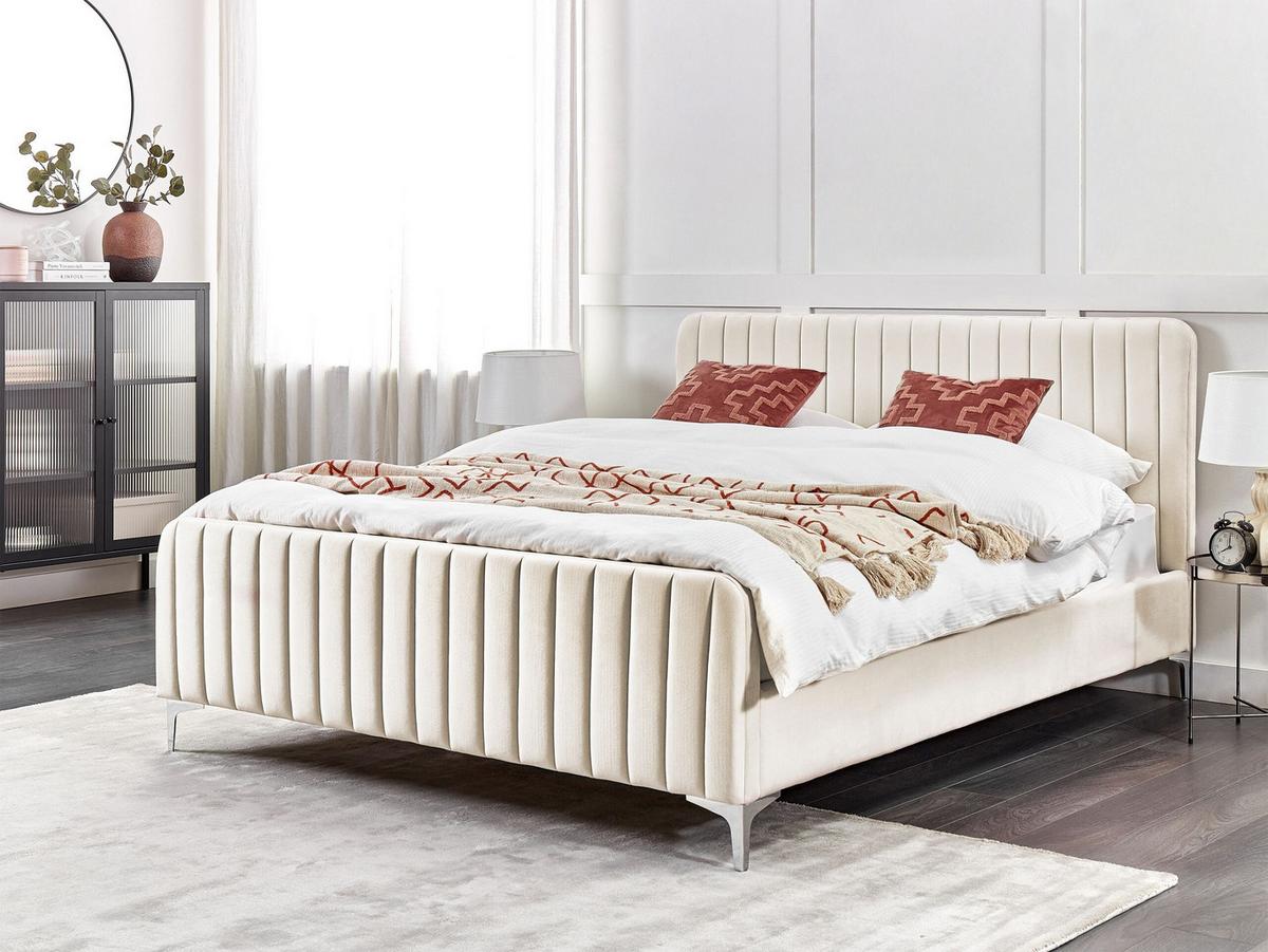 BETT mit Lattenrost 160/200 cm Samtstoff Hellbeige Lunan - Beige, Textil (160/200cm) - Beliani