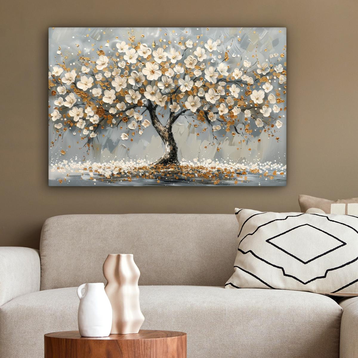 LEINWANDBILD Baum - Blumen - Weiß - Natur - Kunst Gemälde 60x40 cm - Weiß, Textil (60/40cm) - MuchoWow
