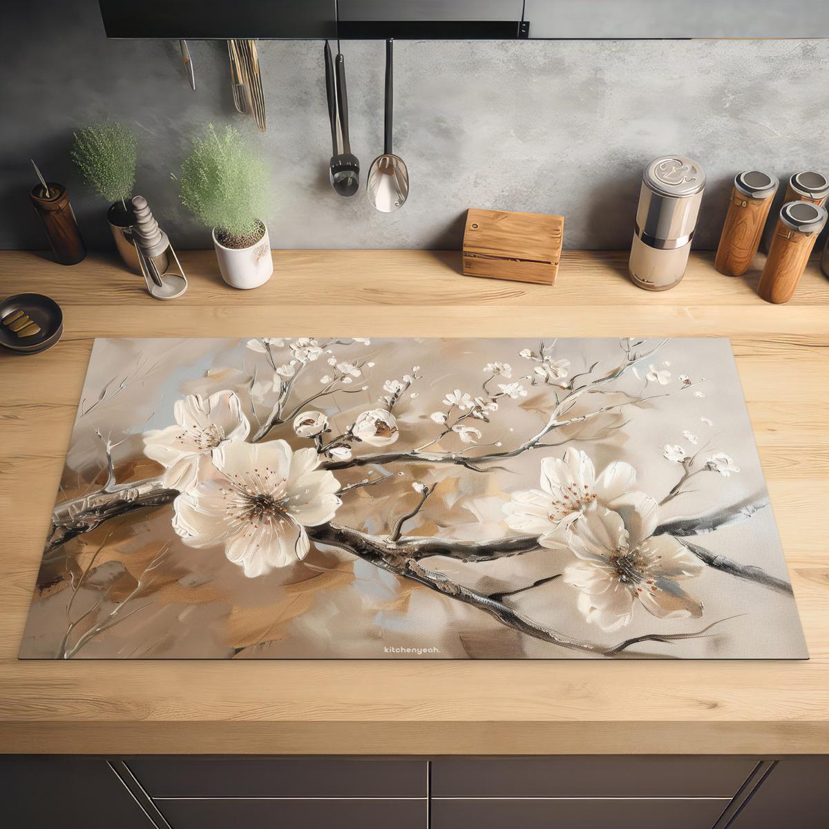 HERDABDECKPLATTE Blumen - Abstrakt - Gemalt - Beige Ceranfeldabdeckung 90x52 cm - Kaschmir, Kunststoff (90/52/0.2cm) - MuchoWow