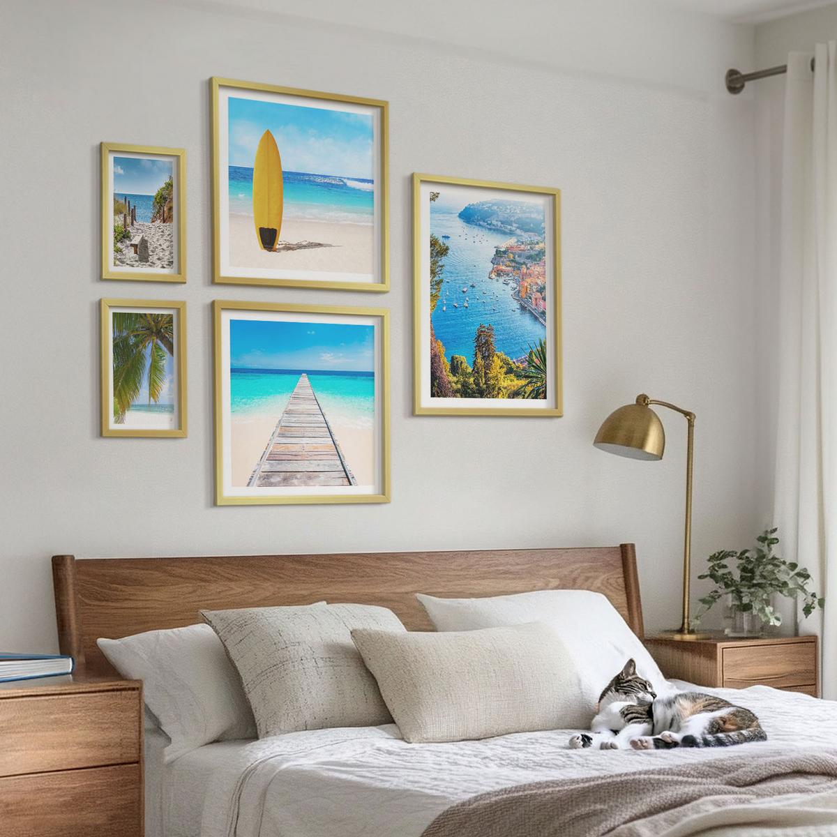 BILDER SET 5er Set - 50x50 cm & 20x30 cm & 40x60 cm Goldrahmen - Urlaubsblick Strand Palmen - Goldfarben, Kunststoff (40/60cm) - TULUP