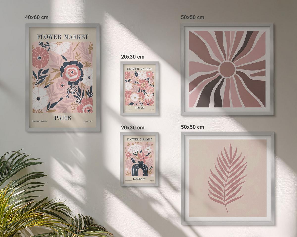 BILDER SET 5er Set - 50x50 cm & 20x30 cm & 40x60 cm Silberner Rahmen - Blumenmuster, Blätter, Geometrie - Silberfarben, Kunststoff (40/60cm) - TULUP