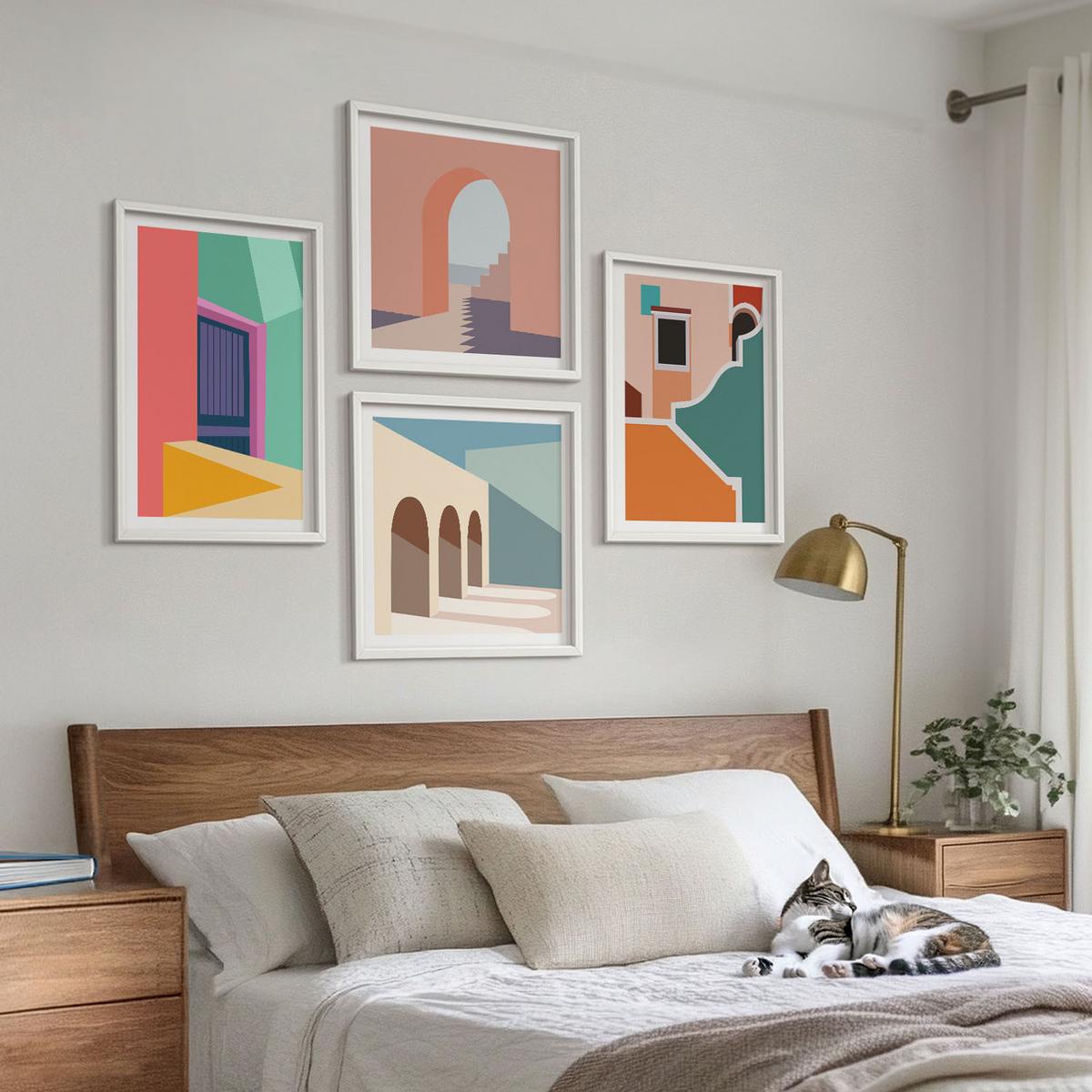 BILDER SET 4er Set - 50x50 cm & 40x60 cm Weißer Rahmen - Farbenfrohe Illustrationen der Stadt - Weiß, Kunststoff (50/50cm) - TULUP