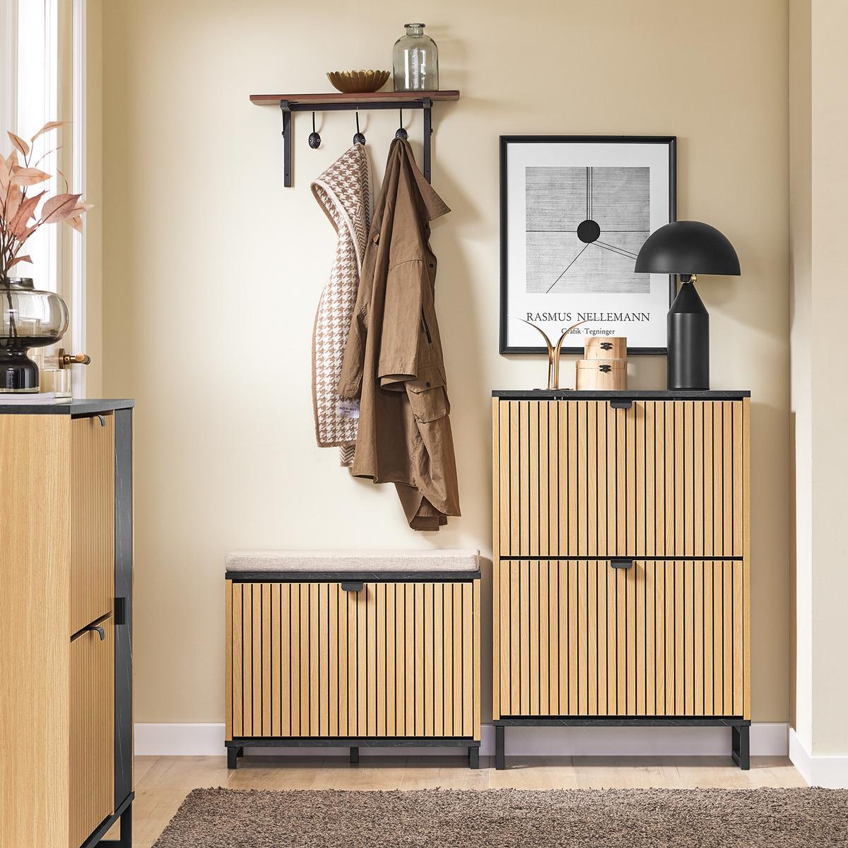 SCHUHBANK Holzoptik & Schwarz mit Marmor - Naturfarben, Holzwerkstoff (60/50/24cm) - SoBuy