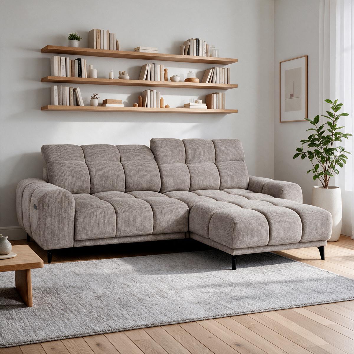 ECKSOFA Marco Mini mit elektrisch ausfahrbarem Sitz und verstellbaren Kopfstützen, Rechts, Chenille-Stoff, Hellbraun - Hellbraun/Schwarz, Textil (275/182cm) - Beautysofa