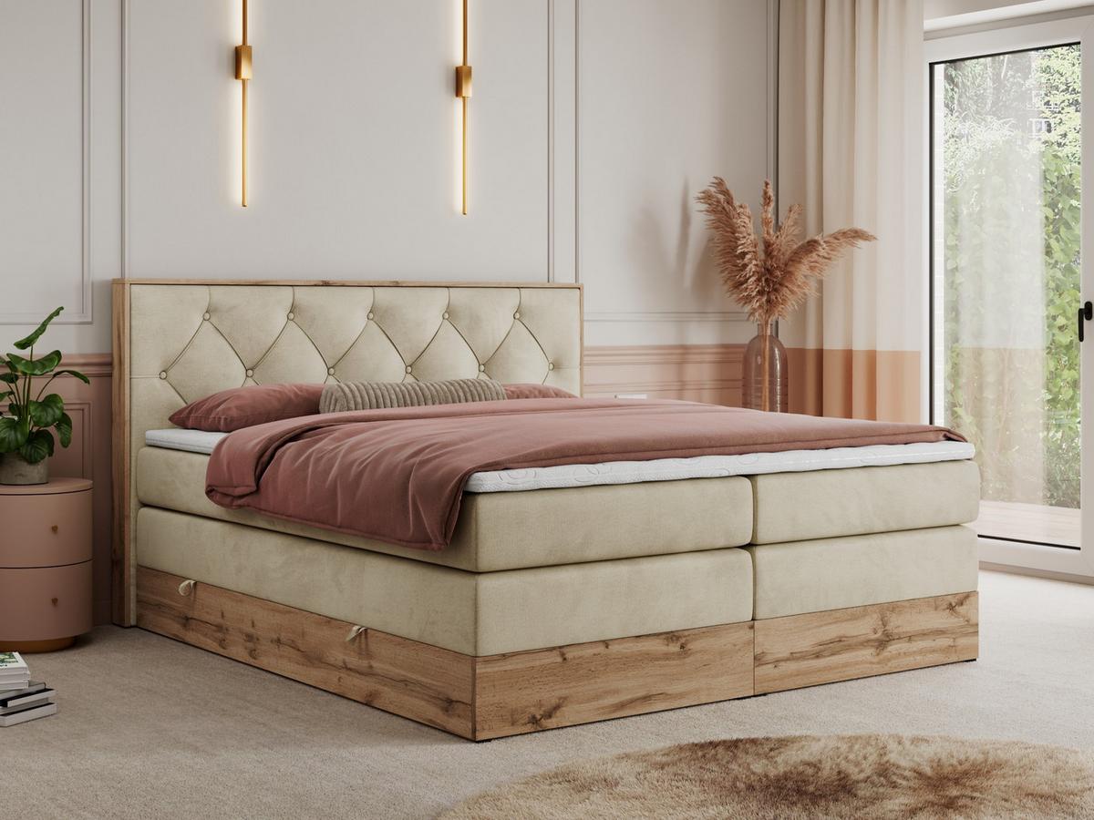 BOXSPRINGBETT VENETO KING 160/200 Beige Velvet - H3 - Beige, Holz/Textil (160/200cm) - MKS