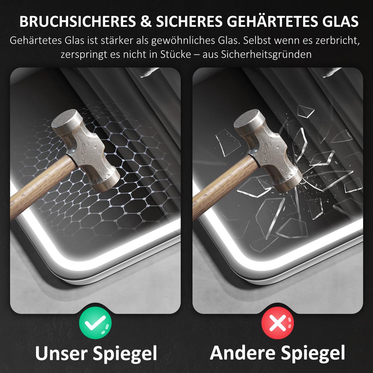 BADEZIMMERSPIEGEL mit LED-Beleuchtung, Anti-Beschlags-Pad, 3 verstellbare Farben - Silberfarben, Glas (50/3.5/70cm) - HOMCOM