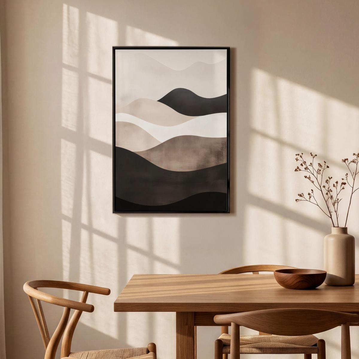 LEINWAND Bilder mit Rahmen - Abstrakt - Landschaft - Wellen - Cremefarben - 60x90 - Cappuccino, Textil (60/90cm) - MuchoWow