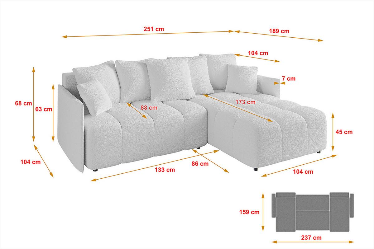 ECKSOFA Ottomane rechts LONLI-L 251x189x68 Weiß Bouclé - Weiß, Holzwerkstoff/Kunststoff (189/251cm) - ALTDECOR