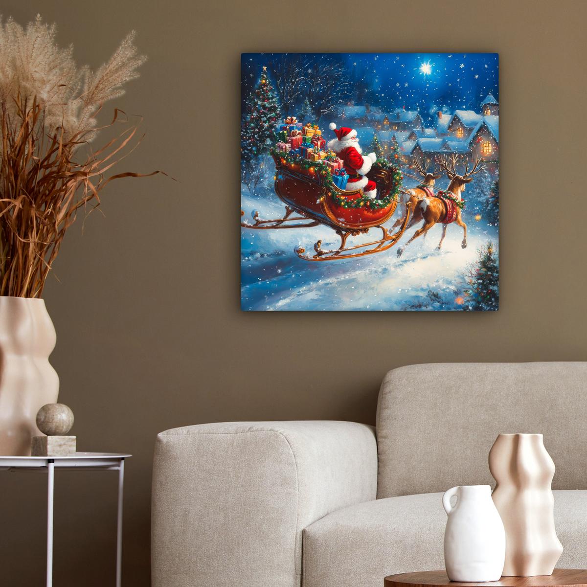 LEINWANDBILD Weihnachtsmann - Rentier - Weihnachten - Schnee Wandbild Wohnzimmer 50x50 cm - Cognac, Textil (50/50cm) - MuchoWow