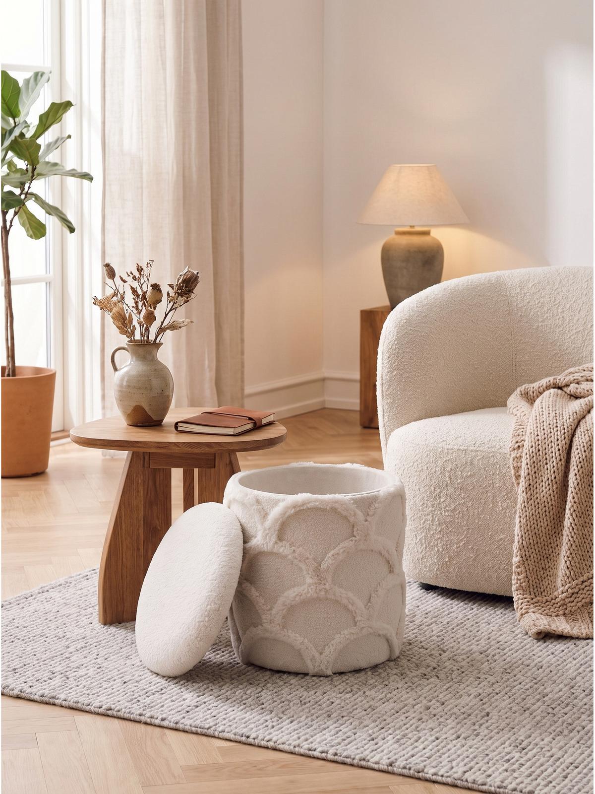 SITZHOCKER RHONE, Teddystoff, mit Wellenmuster, Creme, Ø 40 x 45 cm - Beige/Creme, Textil (40/45/40cm) - KADIMA DESIGN