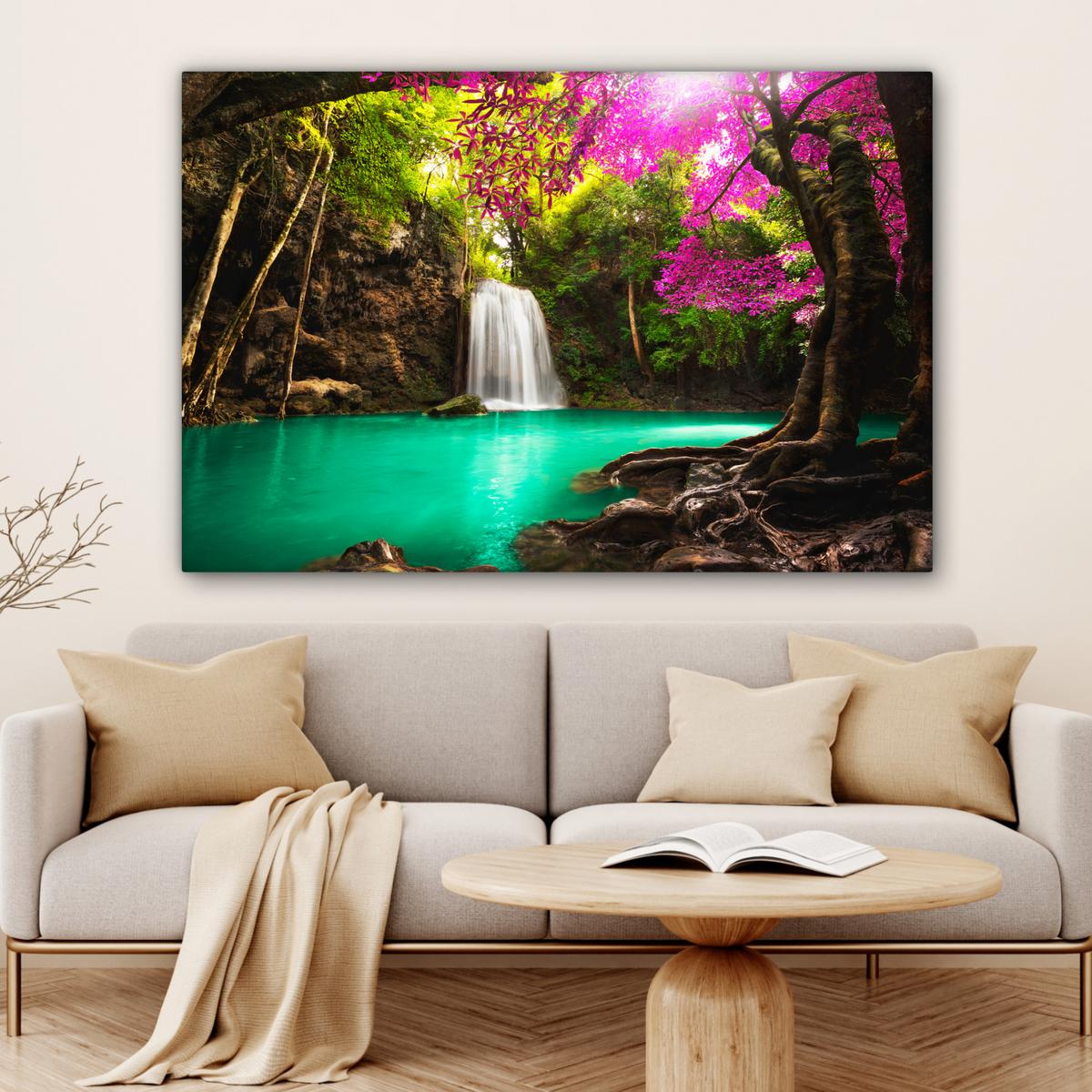 LEINWANDBILD Wasserfall mit bunten Blumen und Bäumen - Natur - Dschungel Groß 140x90 cm - Waldgrün, Textil (140/90cm) - MuchoWow