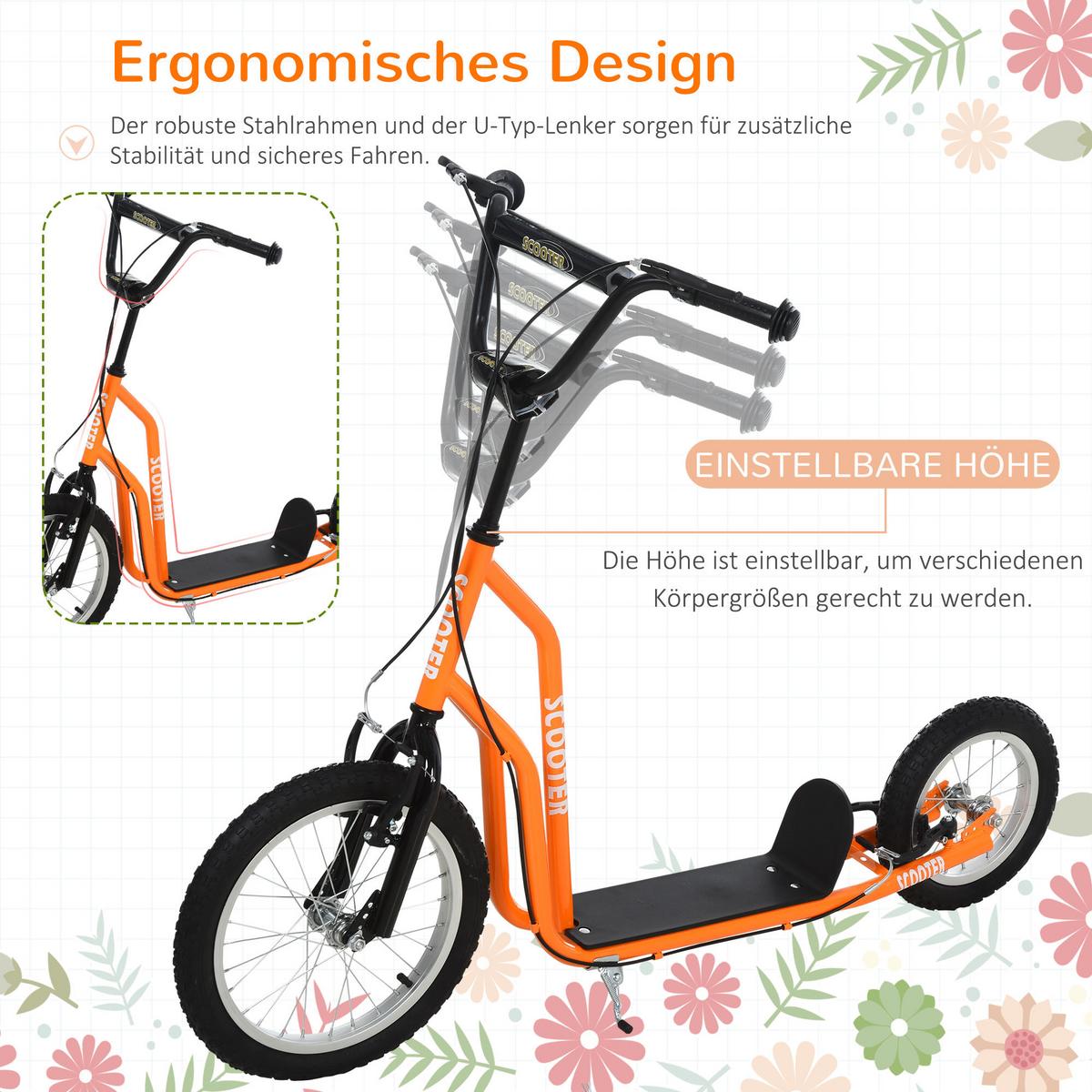 KINDERROLLER ab 5 jahre Scooter Cityroller Kinder Luftreifen verstellbar Orange - Orange, Metall (135/58/88cm) - HOMCOM