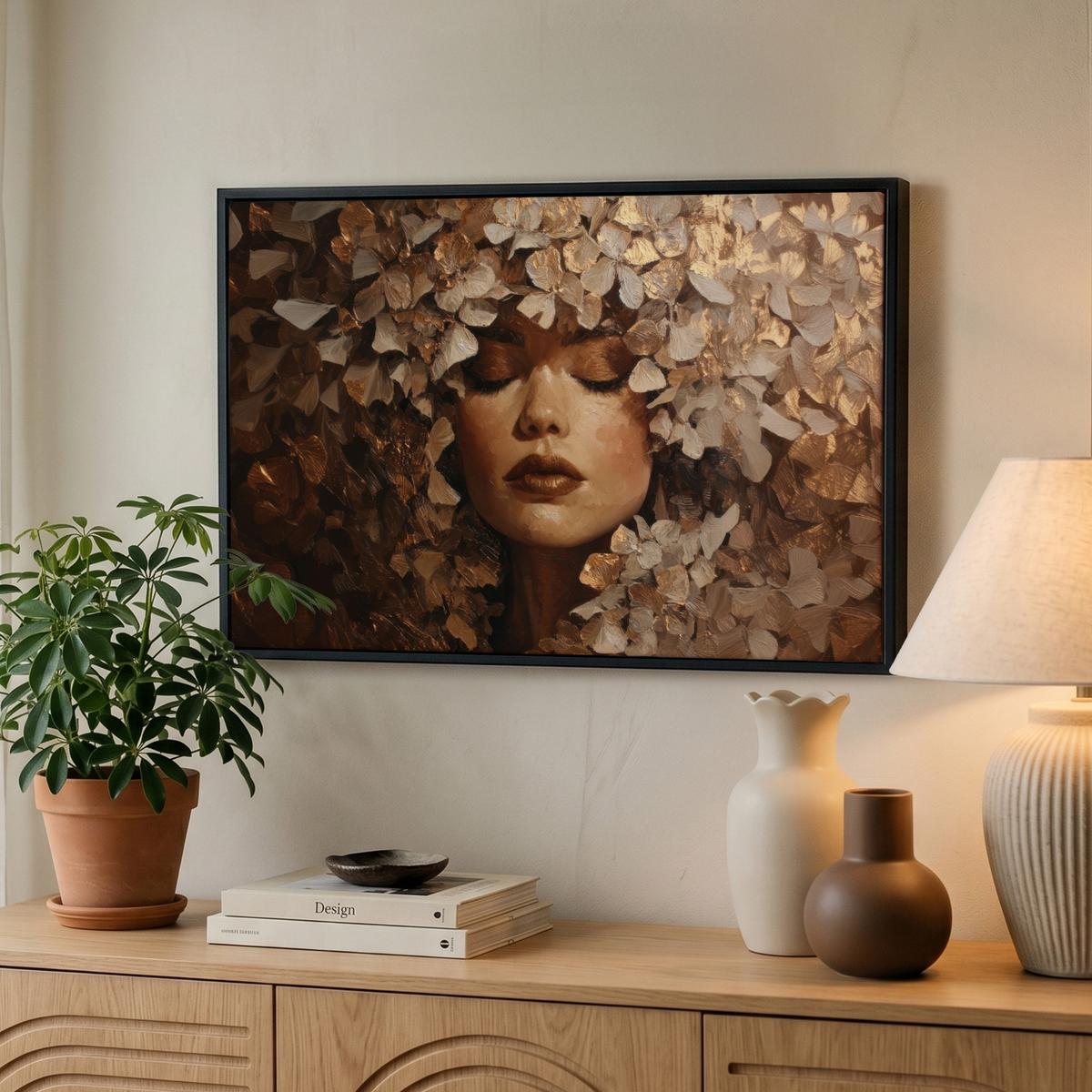 LEINWAND Bilder mit Rahmen - Gesicht - Dame - Blätter - Pinselstriche - 60x40 - Goldfarben, Textil (60/40cm) - MuchoWow