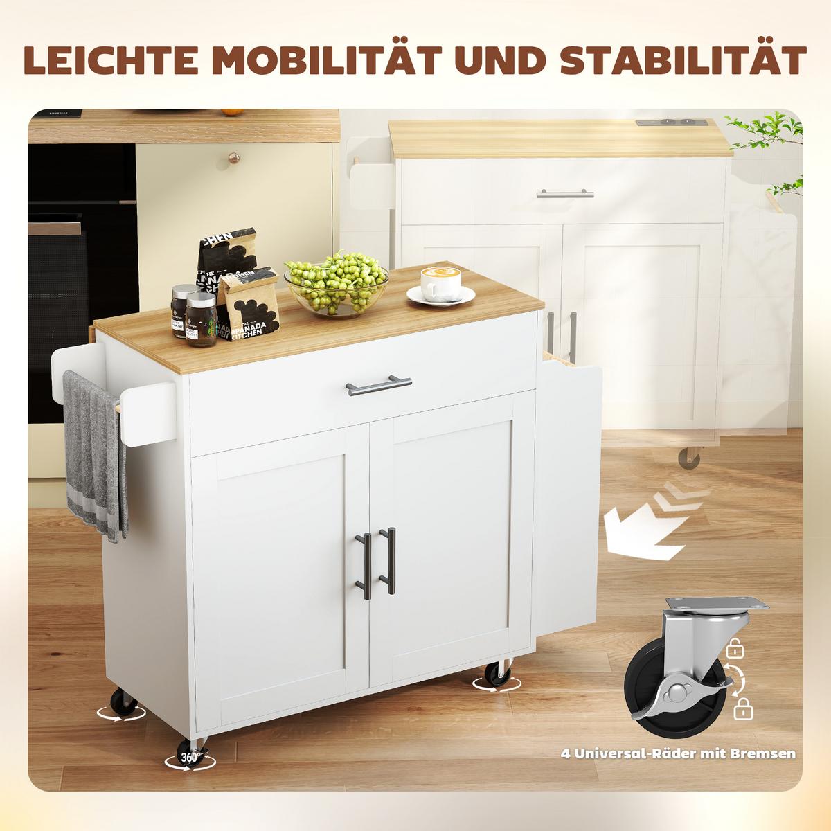 KÜCHENINSEL Küchenwagen auf Rollen mit abklappbarer Arbeitsplatte Ablage Weiß - Schwarz/Weiß, Holzwerkstoff (68/85/120cm) - HOMCOM