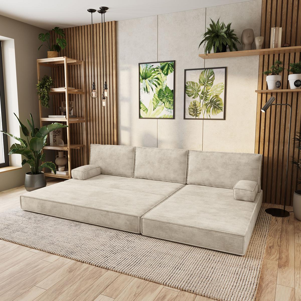 ECKSOFA ANKO modulares Boneless Sofa mit Schlaffunktion Creme Kordstoff - Creme, Textil (270/160cm) - MASSENO