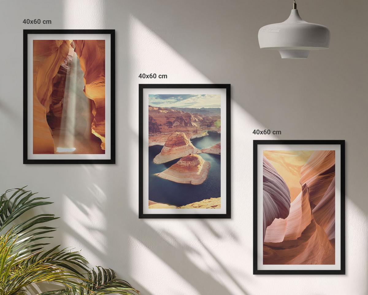 BILDER SET 3er Set - 40x60 cm Schwarzer Rahmen - Wasserfall in der Schlucht - Schwarz, Kunststoff (40/60cm) - TULUP