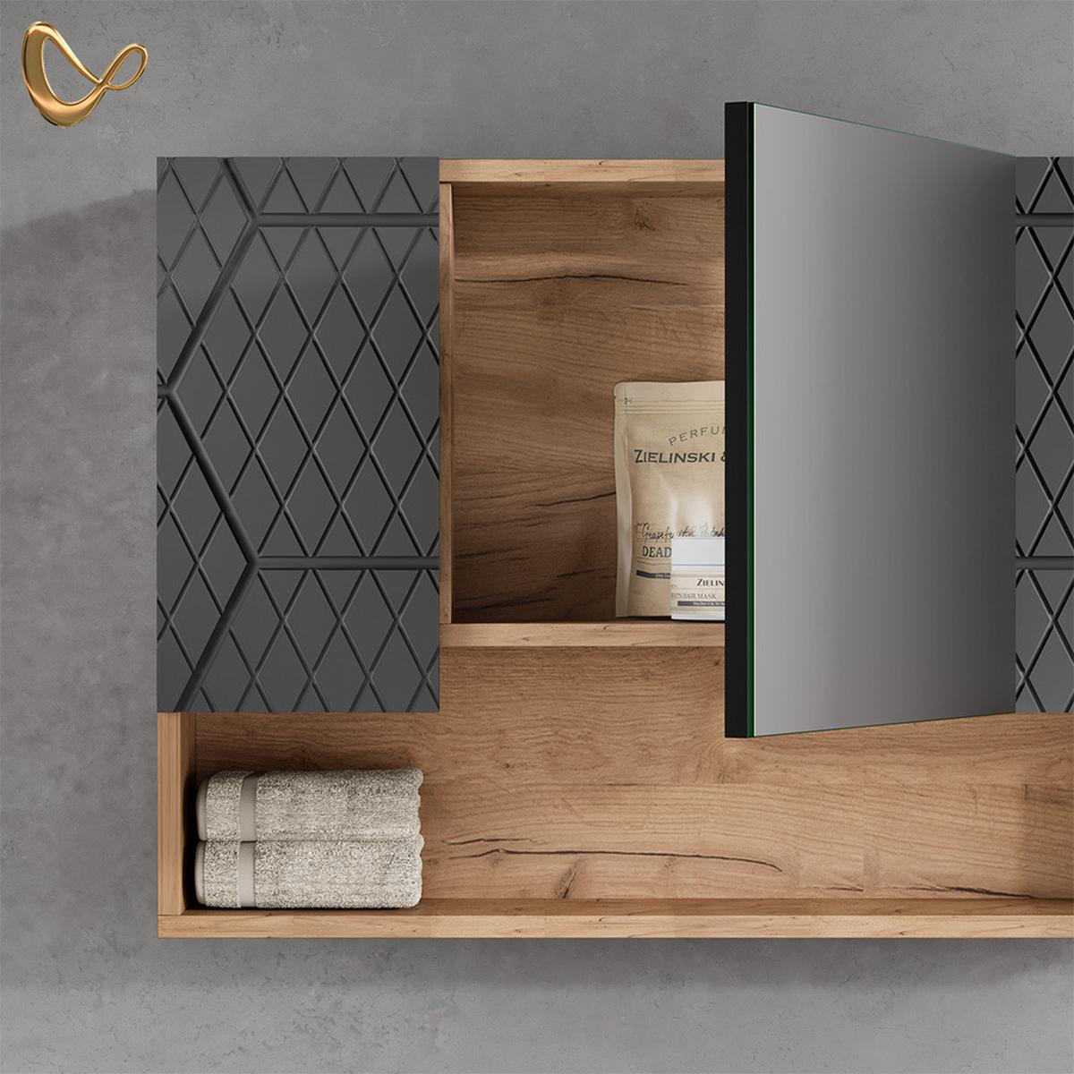 BADSPIEGELSCHRANK Ronco Anthrazit mit Wabenstruktur 80 x 55 cm - Anthrazit/Eiche Wotan, Holzwerkstoff (80/55/17cm) - Livinity®