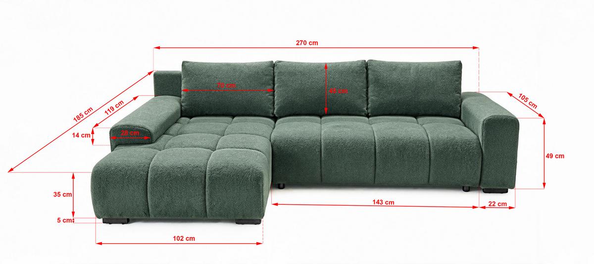 ECKSOFA Ovia mit Bettkasten und Schlaffunktion, Bouclé-Stoff in L-Form - Grün, Textil (270/185cm)