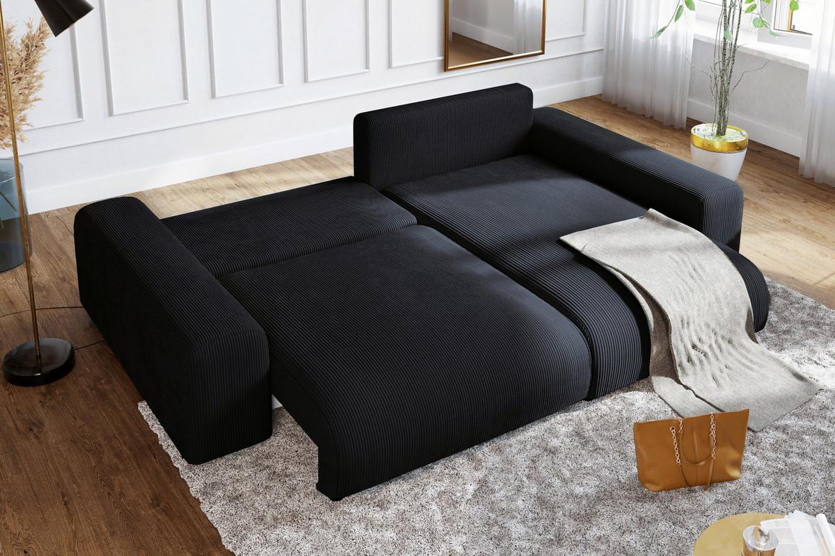 ECKSOFA mit Schlaffunktion, Bettkasten, Wellenunterfederung, seitenverkehrt montierbar B255/T165/H84 cm, Liegefl. 148x196 cm, Cord Schwarz/ 21008 - Schwarz, Kunststoff/Textil (255/165cm) - luma-home