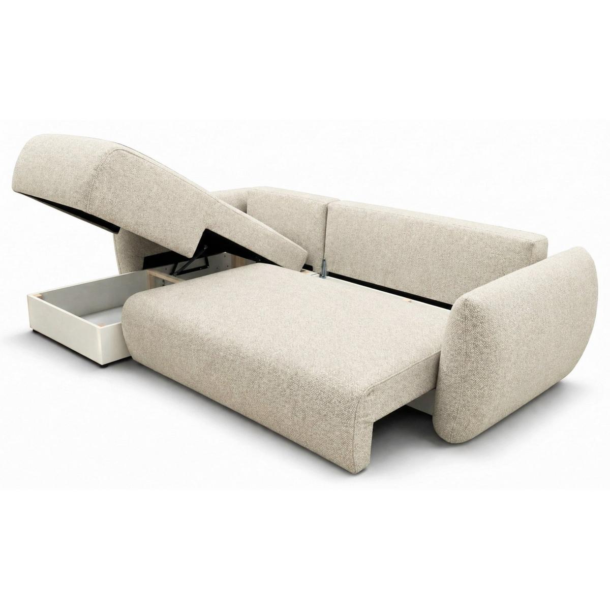 ECKSCHLAFSOFA Zordo HELLBEIGER CHENILLE LINKS MIT ZWEI BETTKÄSTEN - Ecru/Schwarz, Kunststoff/Textil (256/170cm) - Selsey