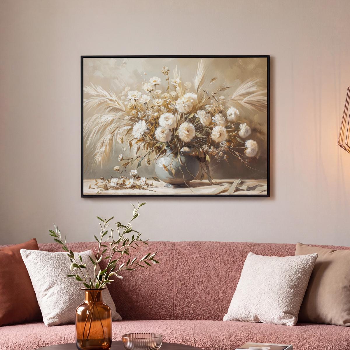 LEINWAND Bilder mit Rahmen - Blumen - Vase - Stilleben - Beige - 70x50 - Creme, Textil (70/50cm) - MuchoWow