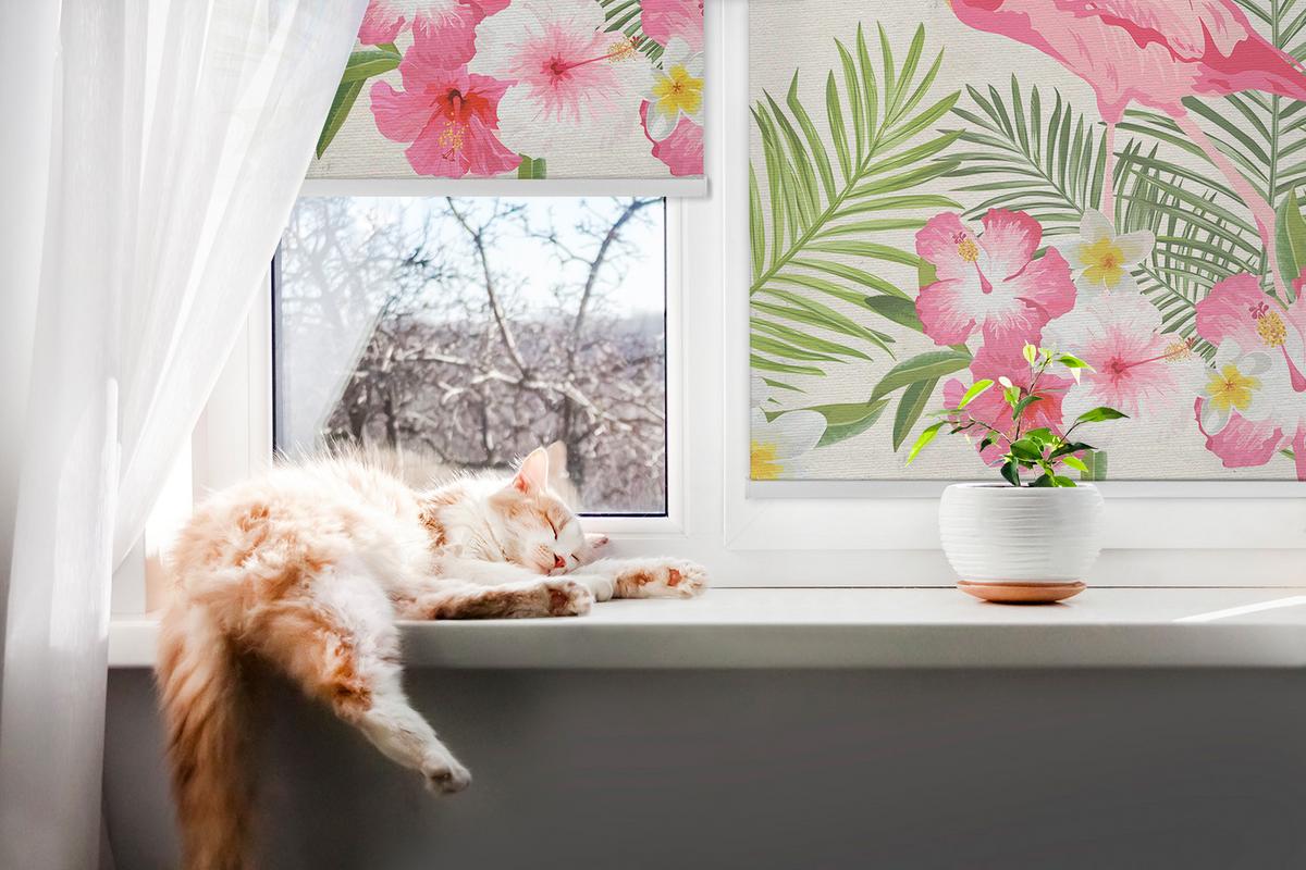INNENROLLO - Fensterrollo - Rollo - 100x180 cm - Flamingos auf den Blättern - Pink, Kunststoff (100/180/0.5cm) - TULUP