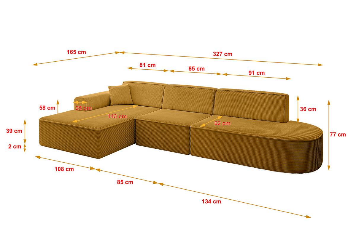 ECKSOFA Ottomane Links IREA-L2-v3 - 327x165x77 cm Senfgelb - Grün, Holzwerkstoff/Textil (327/165cm) - ALTDECOR
