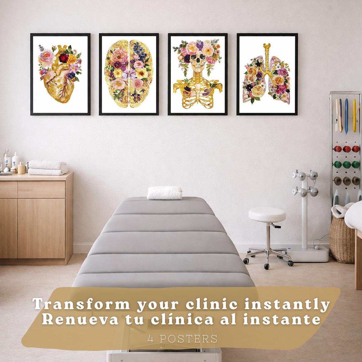 POSTER Set aus 4 Anatomie Mensch Drucke und mit Herz Gehirn Schädel Lungen Luftröhre Bronchien Goldener Floraler Stil Größe Schwarzer Rahmen A3 - Schwarz, Papier (29.7/42/3cm) - Nacnic