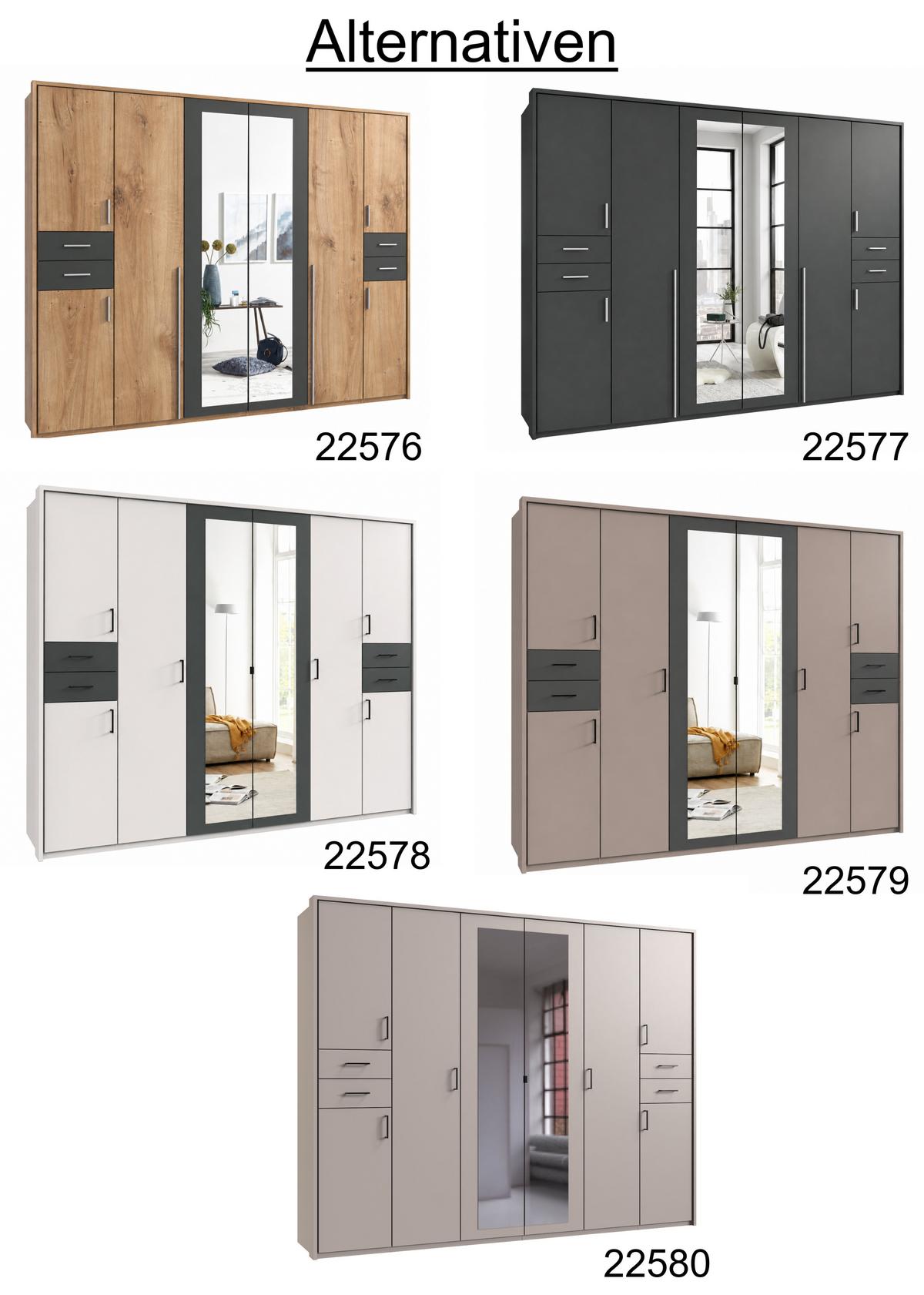 DREHTÜRENSCHRANK B273/H210/T58 cm in Grafit, Kleiderschrank mit Passepartout & 2 Spiegeltüren & Schubkästen, Griffe alufarbig / 22577 - Silberfarben/Graphitfarben, Holzwerkstoff/Kunststoff (273/210/58cm) - luma-home